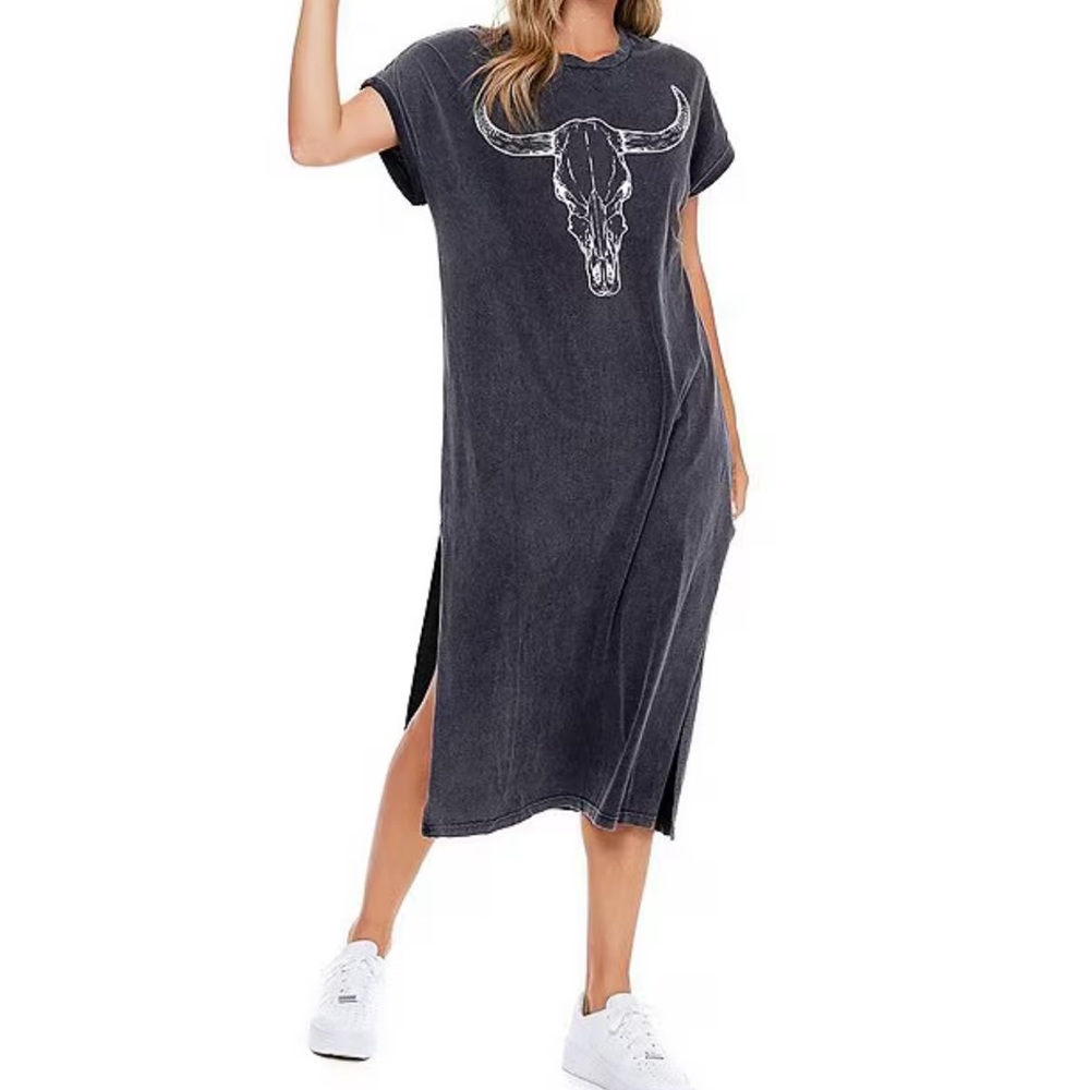 Long Horn Western Short Sleeve T Shirt Midi Dress Washed Black Sz M/L